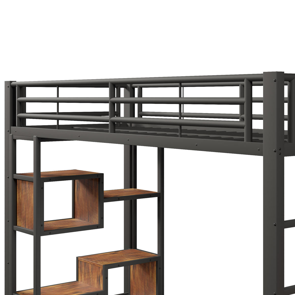 HOCHBETT 90x200cm, Eisen, Ablage, Stufen, Geländer, LED, Stauraum, ohne Matratze, Schwarz - Schwarz, Holzwerkstoff (90/200cm)