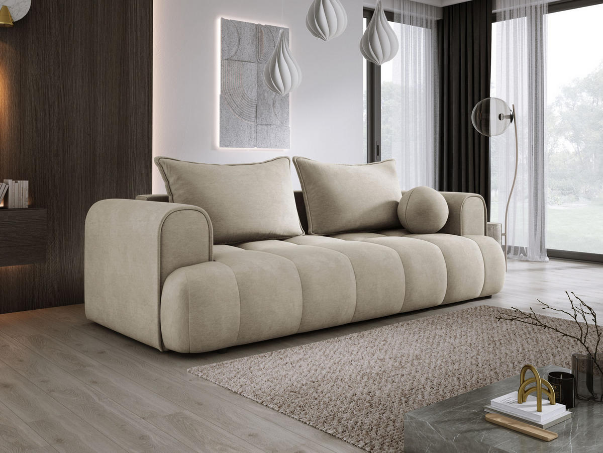 SOFA COCO SCHLAFSOFA mit Bettfunktion, CLOUD Stoffbezug, 2-Sitzer, freistehend, Größe: 250x105x90 cm, Beige - Beige, Holz/Textil (250/90/105cm) - DomoHome