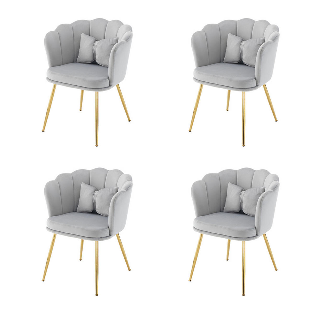 STUHL SET 4-TEILIG Samt Polster Blütenblatt-Rücken Goldfüße & Kissen Grau - Grau, Holz (62/43/54cm) - FLIEKS