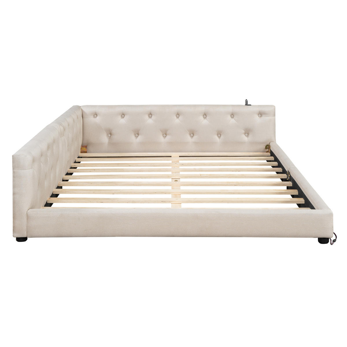 SCHLAFSOFA 140x200cm Beige Leinen LED-Licht Kopfteil USB-C - Beige, Holz (140/200cm) - FLIEKS