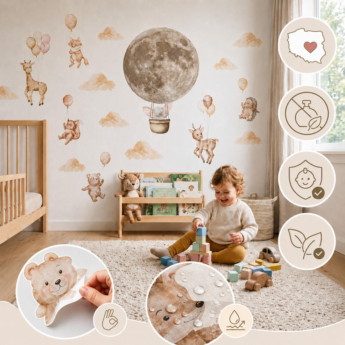 WANDSTICKER SET Tiere Ballons und Wolken 120x60 - Beige/Orange, Papier (120/60/60cm) - Muralo