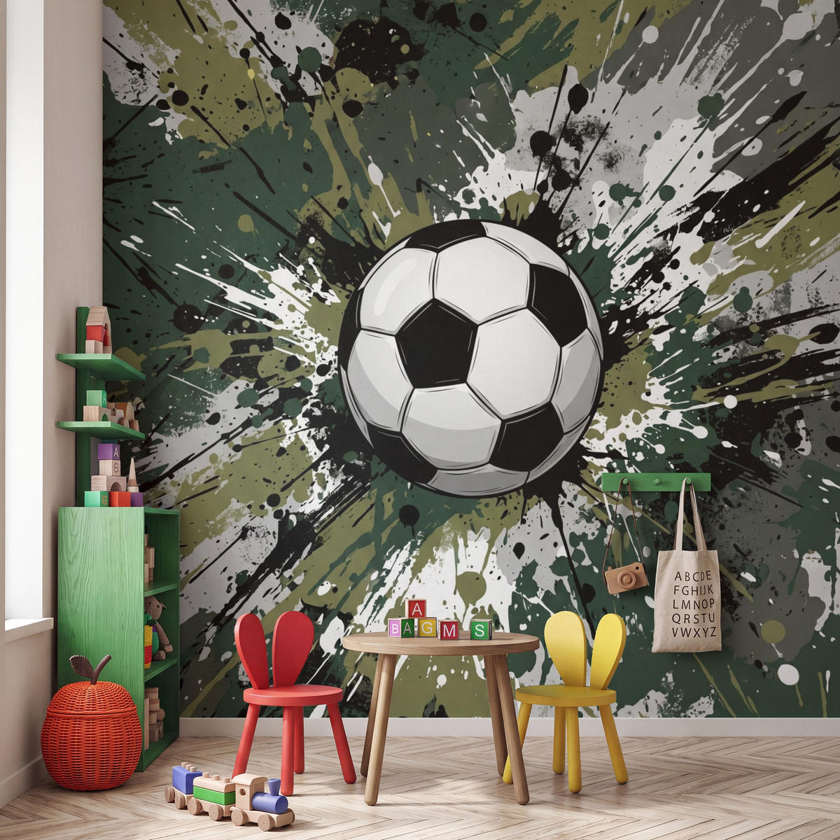 KINDERTAPETE - Fußball - Farbe - Spritzer - Grün - 280x280 cm - Dunkelgrün, Papier (280/280cm) - OnlyWow
