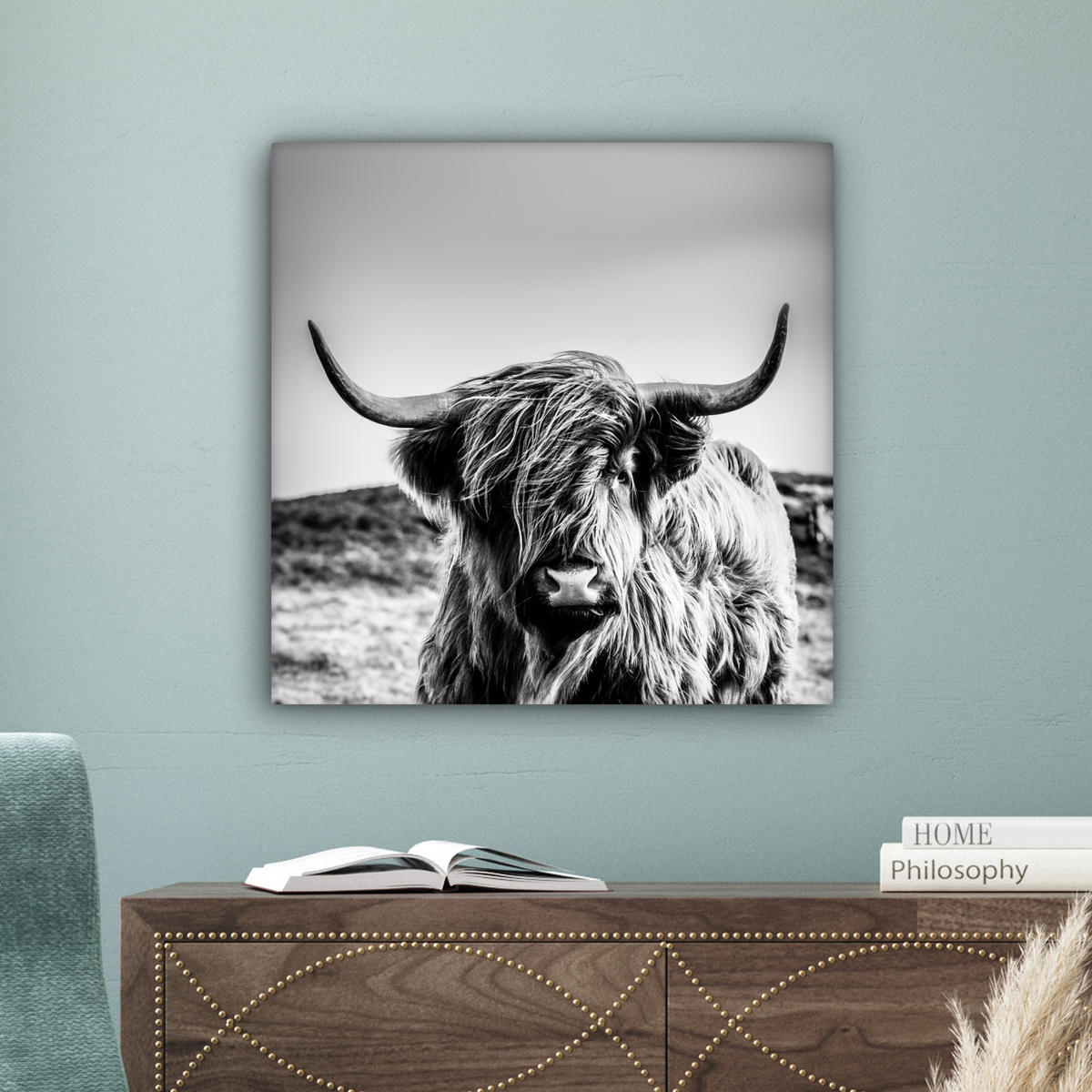 OBRAZ NA PLÁTNĚ Kráva - Skotský horal - Černá - Bílá - Zvíře - Příroda - Divoká zvěř 50x50 cm - černá, textil (50/50cm) - MuchoWow