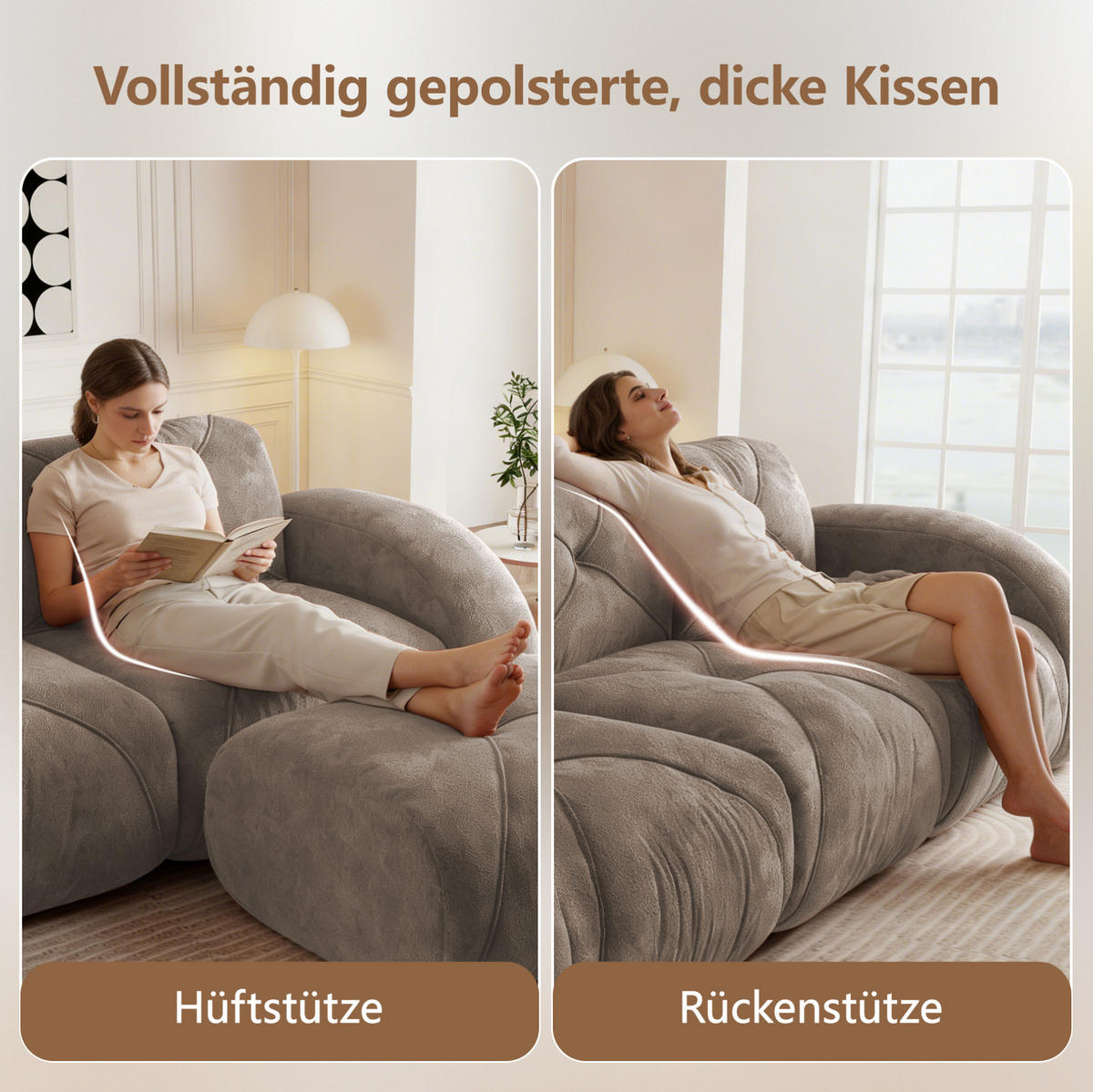 2-SITZER-MODULSOFA aus Chenille Taupe rahmenlos, 2-Sitzer mit 32D-Hochdichteschaum und flexiblem Aufbau - Braun, Textil (204/76/95cm) - Modfu