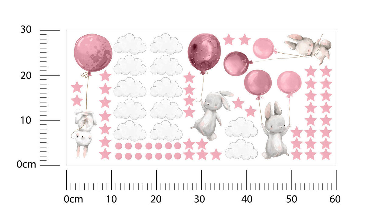 STICKER SET Häschen Ballons Sterne Wolken Punkte 60x30 - Rosa/Weiß, Papier (60/30/1cm) - Muralo