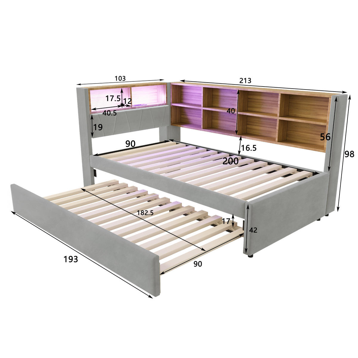 BETT mit Ausziehbett 90/200 und 90/190 cm mit LED-Beleuchtung und Ladeanschlüssen Flanell Hellgrau - Hellgrau, Textil (90/200cm) - OKWISH