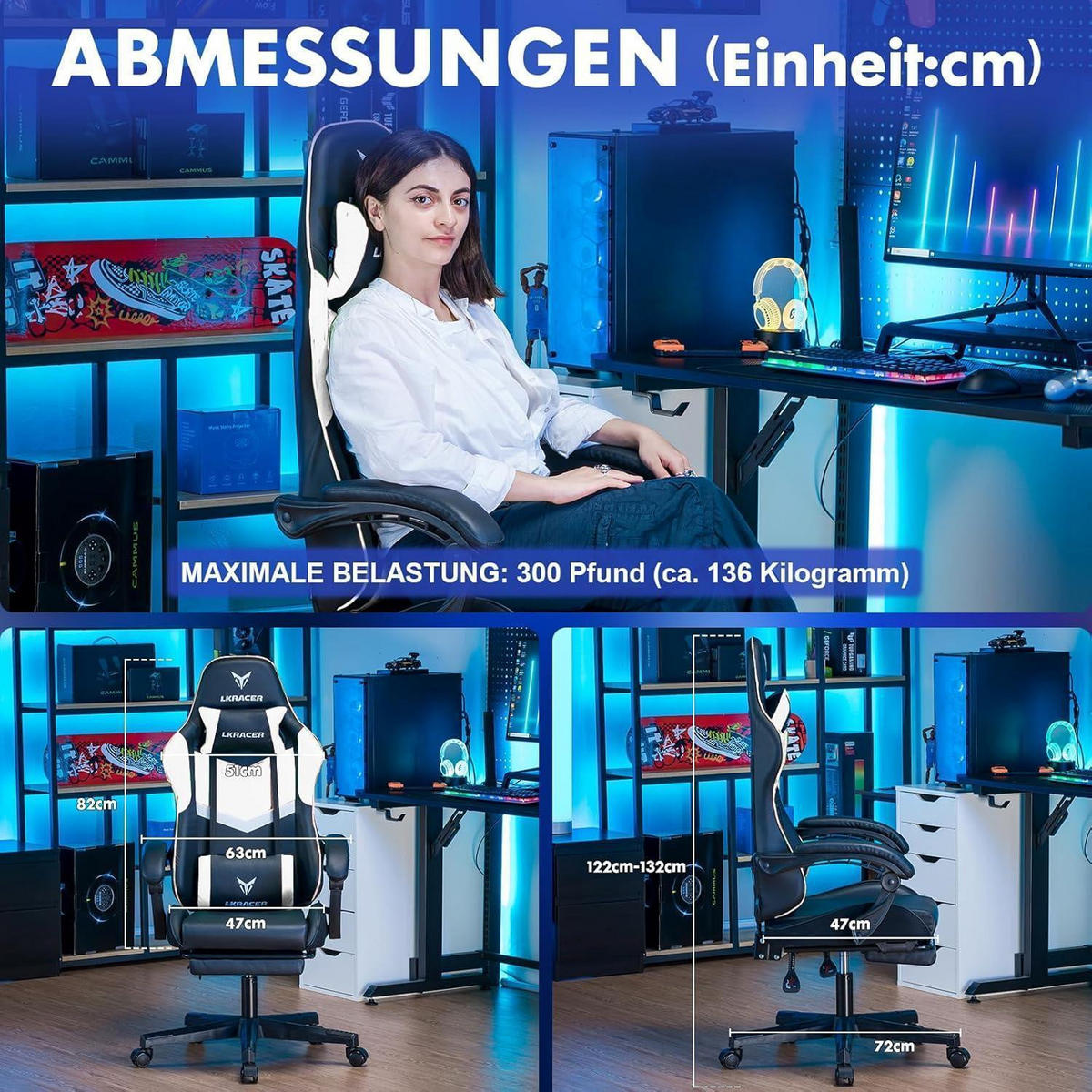 GAMING Stuhl mit Fußstütze weiß, Ergonomisch mit Lendenkissen und Kopfkissen, 150 kg Belastbarkeit - Multicolor, Kunststoff (47/132/47cm)