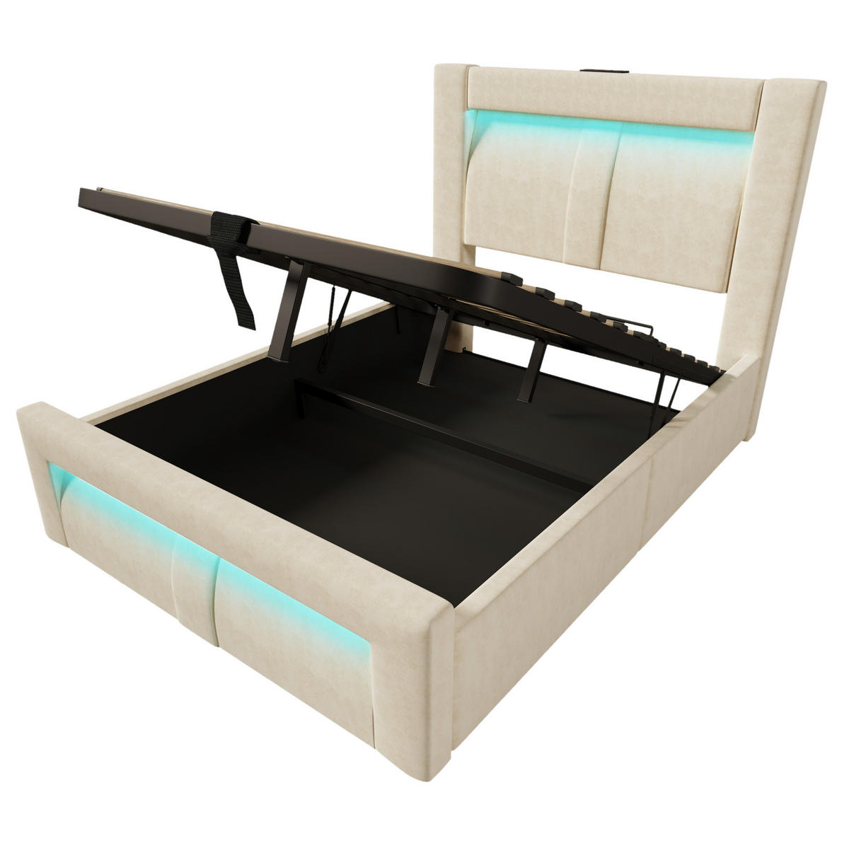 POLSTERBETT 90/200 cm mit LED, USB- und Type-C-Anschlüssen, hydraulischem Stauraum und Samtbezug, Beige - Beige, Holz (90/200cm) - Redom