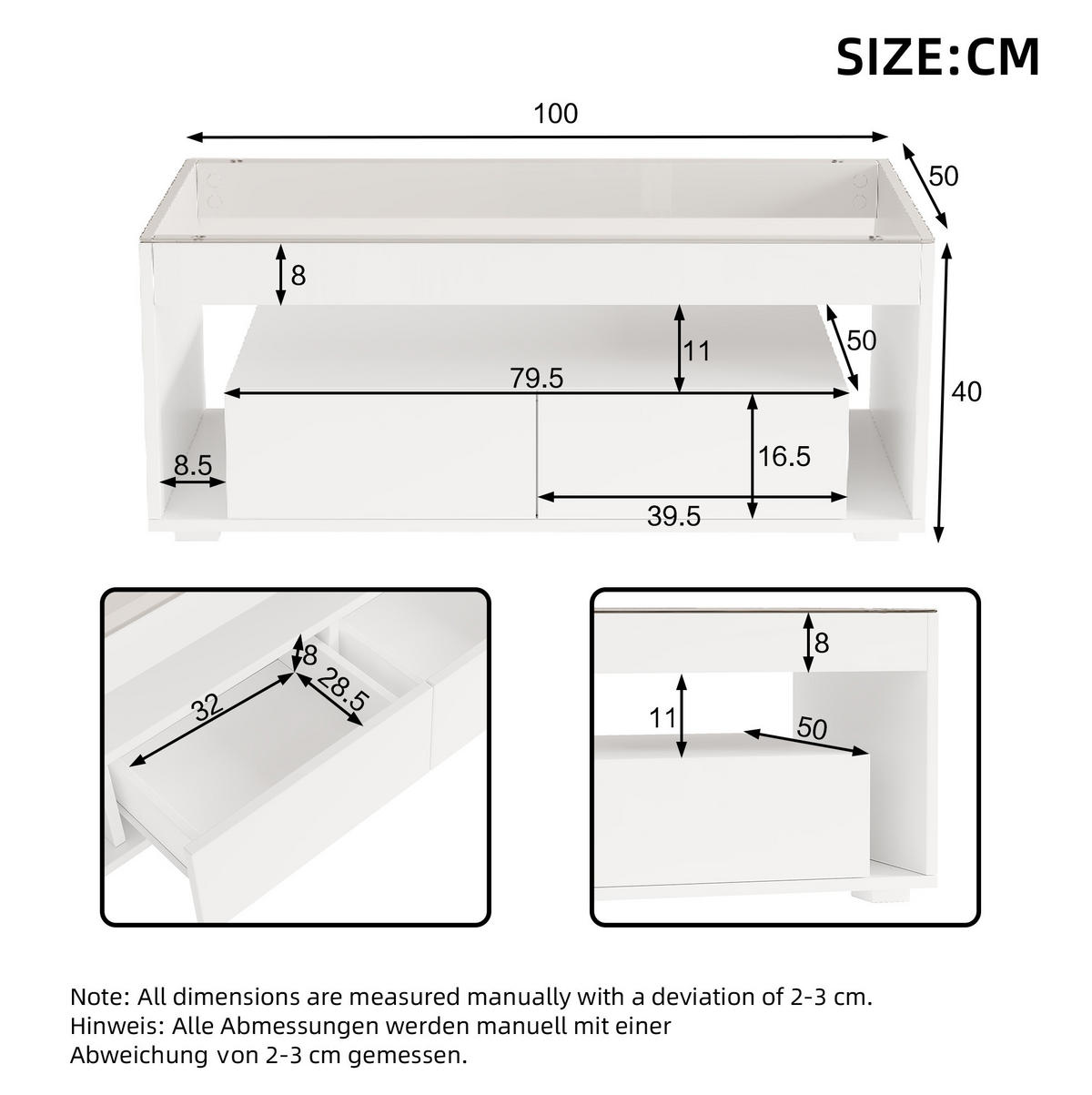 COUCHTISCH 100/50/40 cm Weiß aus Spanplatte und gehärtetem Glas mit LED-Beleuchtung - Weiß, Holzwerkstoff (100/50/40cm) - OKMYHOME