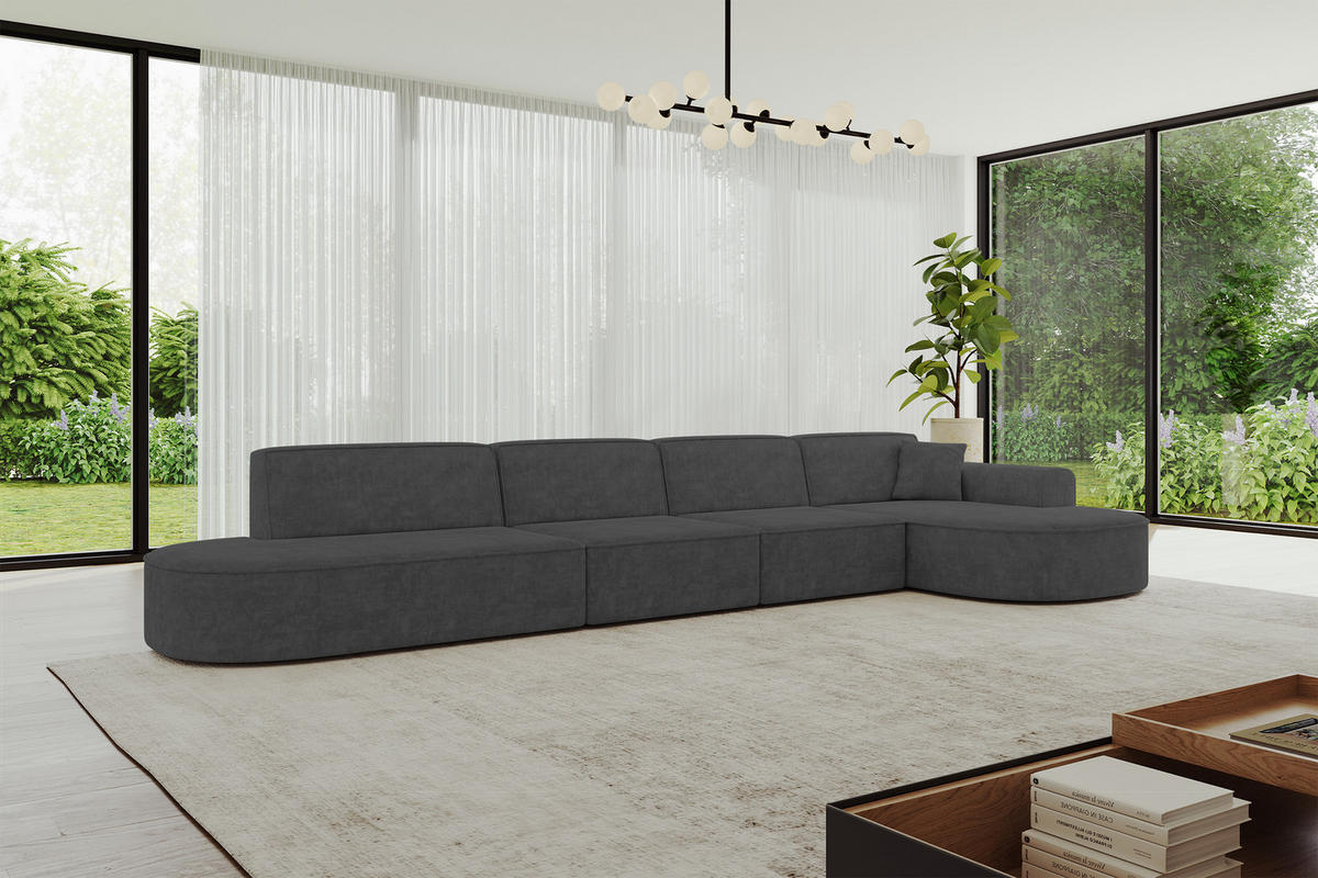 ECKSOFA Ottomane Rechts MARI-L3 - 413x171x79 cm Dunkelgrau Velours - Dunkelgrau/Schwarz, Holzwerkstoff/Kunststoff (171/413cm) - ALTDECOR