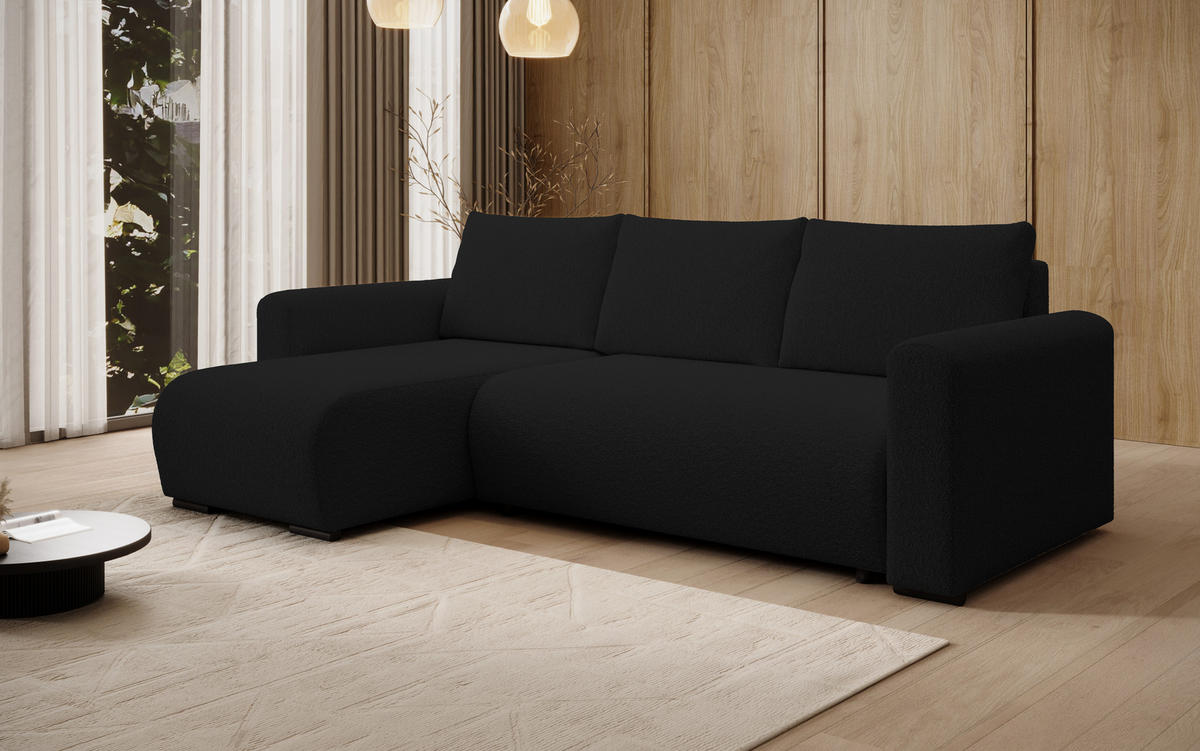 ECKSOFA DORA L, Eckcouch in L-Form mit Schlaffunktion und Bettkasten, Farbe: Schwarz, Bouclé-Stoff, Ottomane Links - Schwarz, Textil (240/143cm) - Storez24
