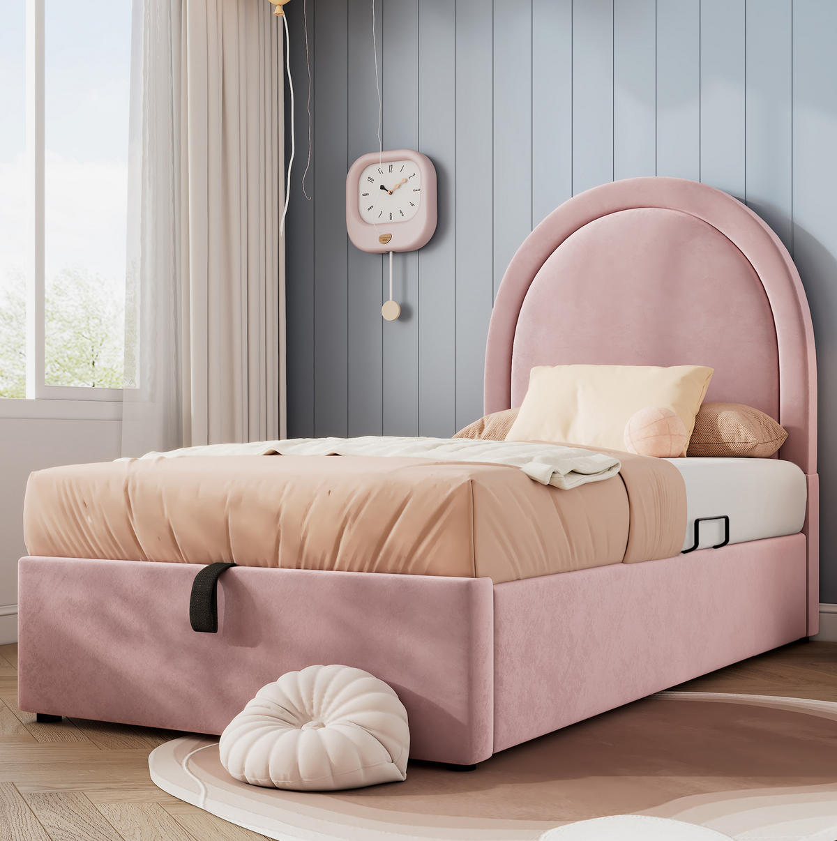 KINDERBETT 90/190 cm in Rosa aus Samt mit Stauraum und Lattenrost - Rosa, Textil (90/190cm) - Flora Grace