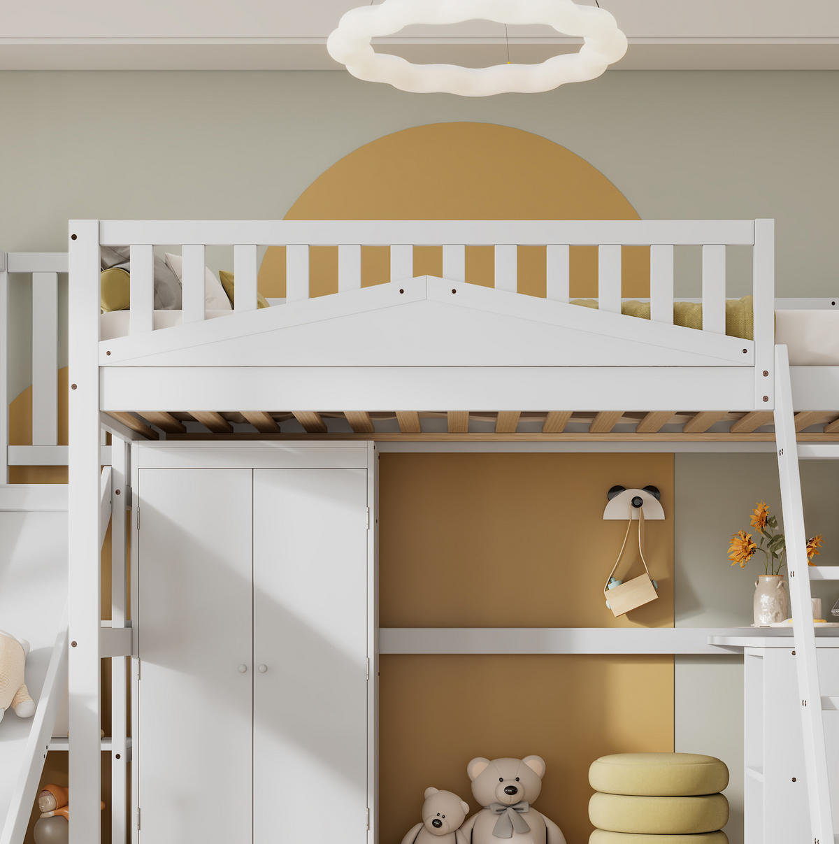 HOCHBETT 90/200 cm in Weiß mit Rutsche, Tisch und Kleiderschrank - Weiß, Holzwerkstoff (90/200cm) - BEAOK