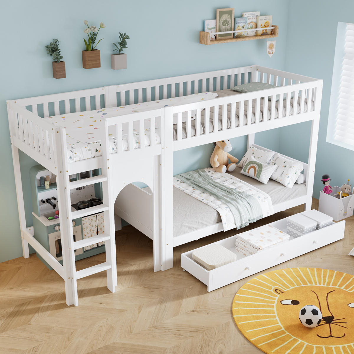 ETAGENBETT 90x200 cm in Weiß/Natur mit Leiter und Geländern - Weiß, Holz (90/200cm) - OKMYHOME