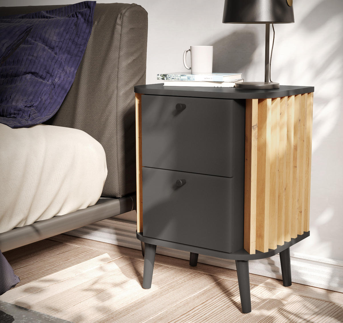 NACHTTISCH grau, Eiche Artisan 45 cm, Nachtkommode Boxspringbett geeignet - Schwarz/Eiche Artisan, Holzwerkstoff/Metall (33/60/45cm) - Inn.Furn