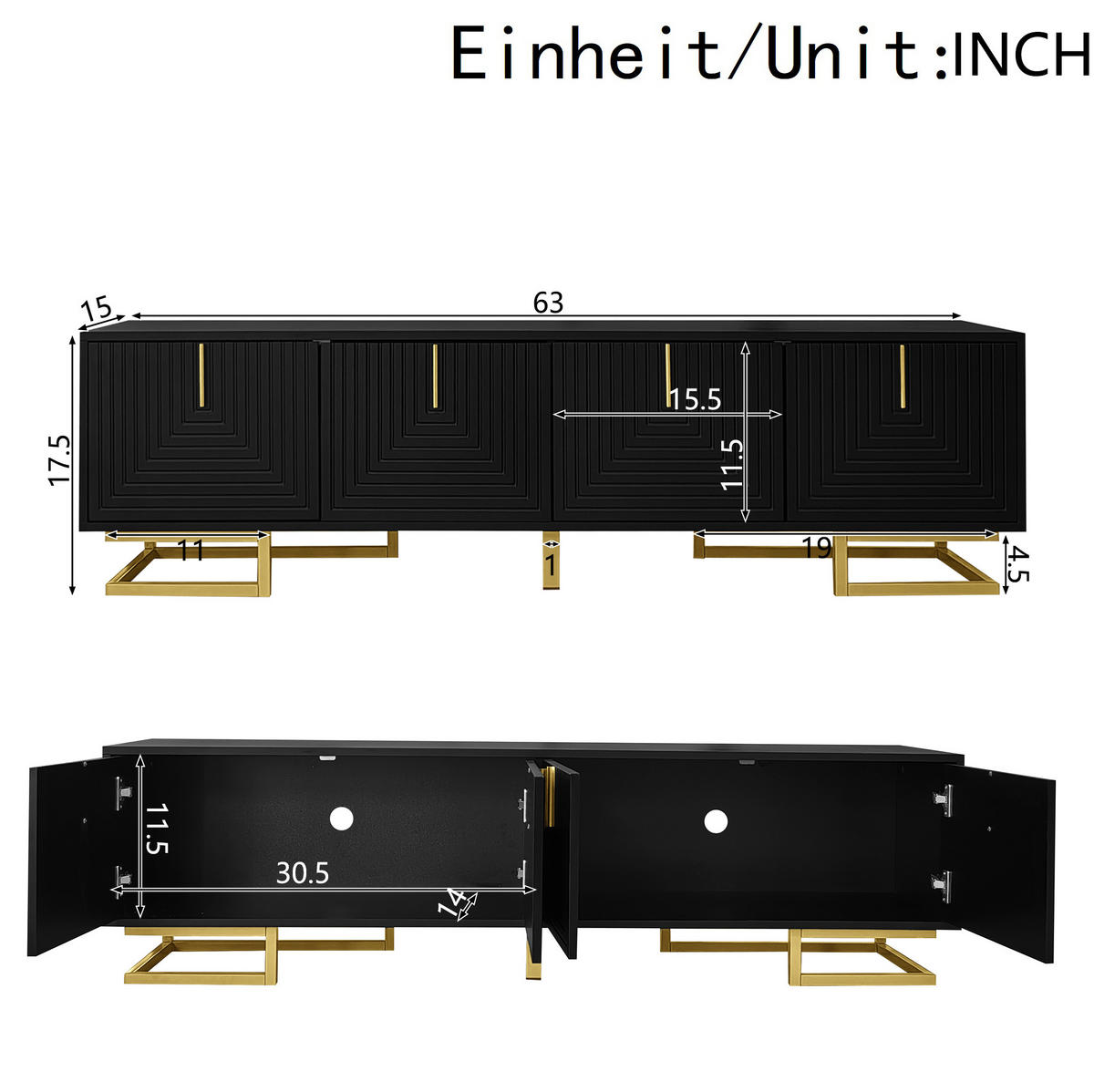 TV-LOWBOARD aus Spanplatte 160x38x44,5 cm Schwarz mit 4 Türen, goldfarbenen Metallbeinen und verstellbaren Füßen - Schwarz, Holzwerkstoff (160/44.5/38cm) - Modfu