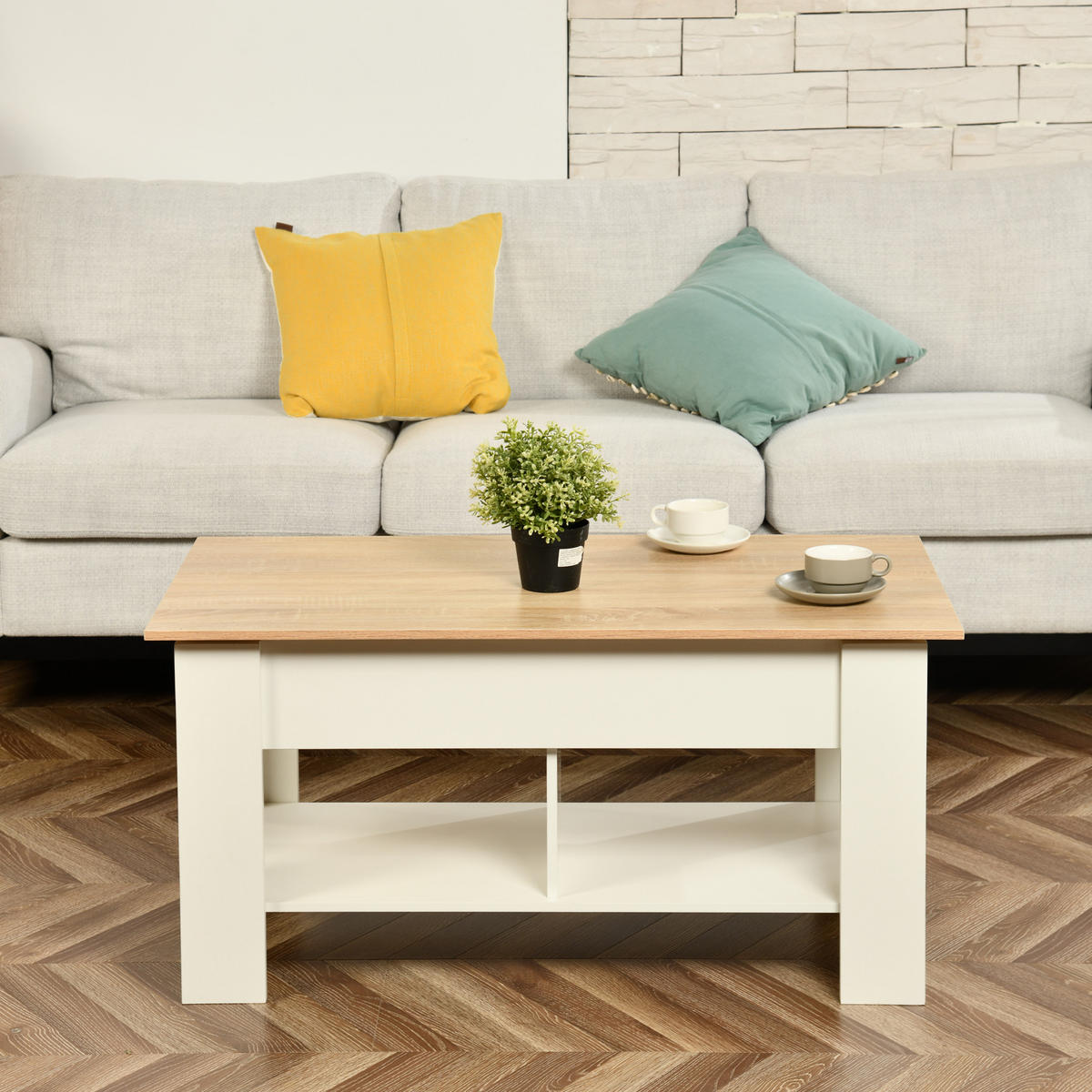 COUCHTISCH mit Lift-Top, Stauraum und Ablagefach, Weiß/Eiche - Weiß, Holz (96/50/47cm) - Urban Meuble