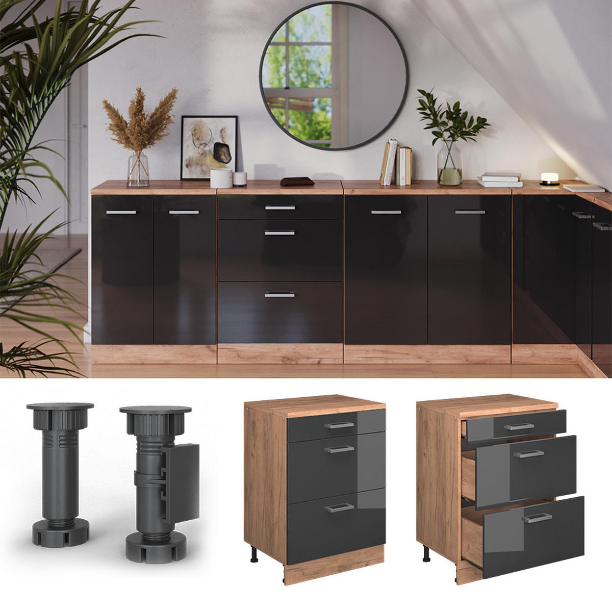 ORMAR ZA POTKROVLJE Rion, Antracit visokog sjaja, 60 x 81.6 cm bez kosine s 3 ladice - hrast medunac/crna visoki sjaj, drvni materijal (60/83.8/46cm) - Vicco
