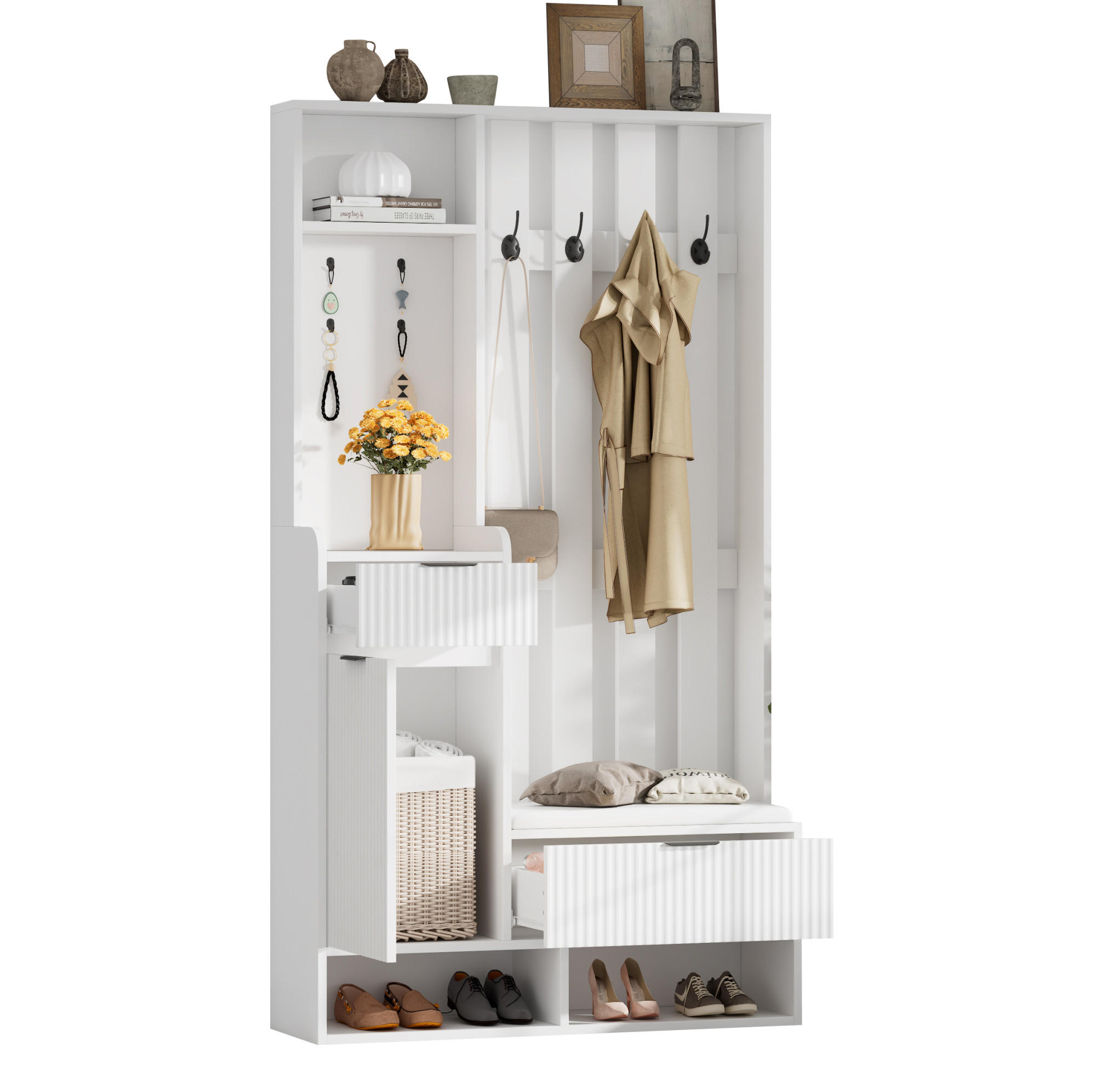 GARDEROBENKOMBINATION 100/30/180 cm aus Spanplatte mit Sitzbank, Schubladen und Kippschutz Weiß - Weiß, Holzwerkstoff (100/180/30cm) - Modenvie