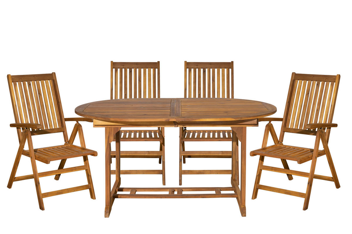 SITZGRUPPE Akana mit 4 klappbaren Stühlen und 1 ausziehbaren Tisch - 150/200x100 cm - Akazienholz geölt - Naturfarben, Holz - TPFGarden
