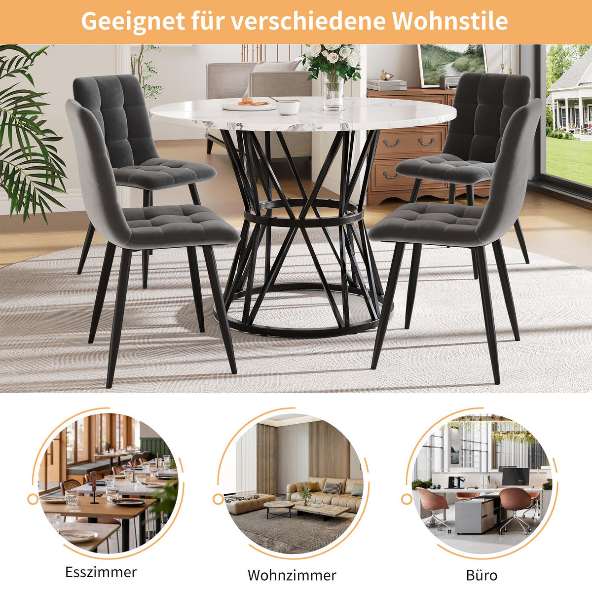 ESSTISCH 100/100/76 cm Schwarz runder Tisch aus MDF in Marmoroptik mit Metallgestell - Schwarz, Holzwerkstoff (100/100/76cm) - OKWISH