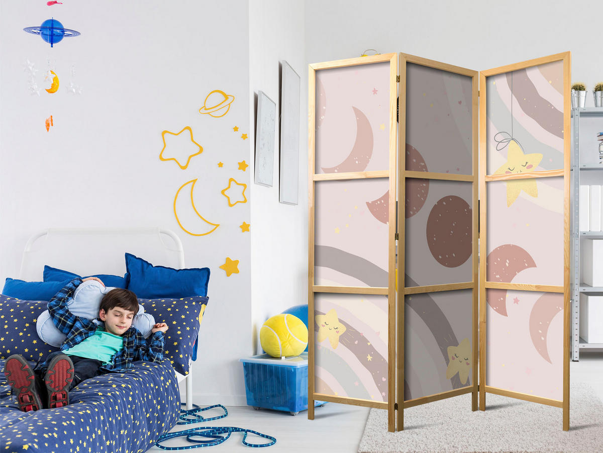PARAVÁN Japonský 3-dielny 135x172 cm Boho Hviezdy a Mesiace - béžová, drevo/textil (135/172/3cm) - Muralo