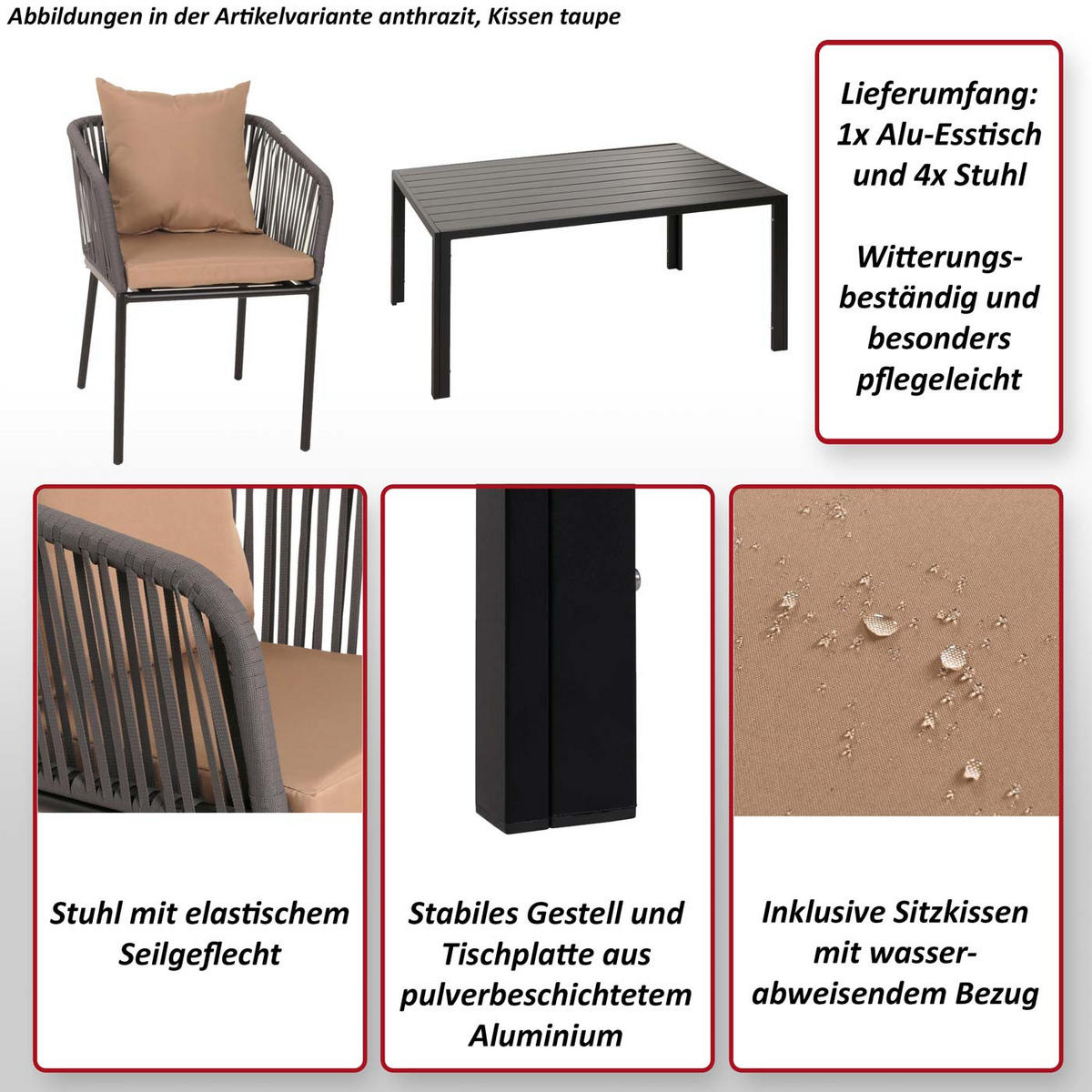 GARTENGARNITUR Anthrazit, Taupe 5-teilig-Set - Taupe/Anthrazit, Metall - MCW