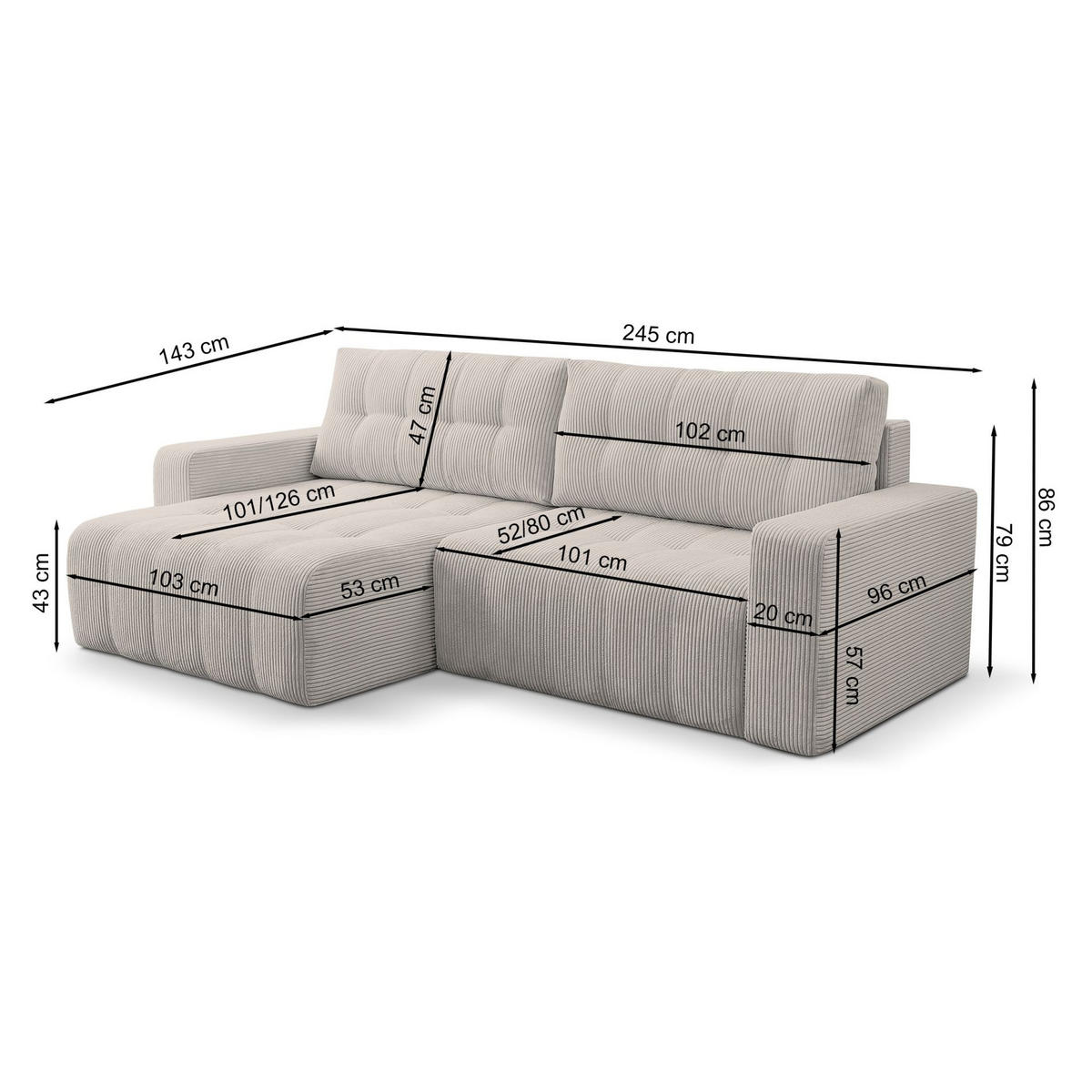 ECKSOFA Maillo Beige Cord - Beige/Schwarz, Kunststoff/Textil (245/143cm) - Selsey