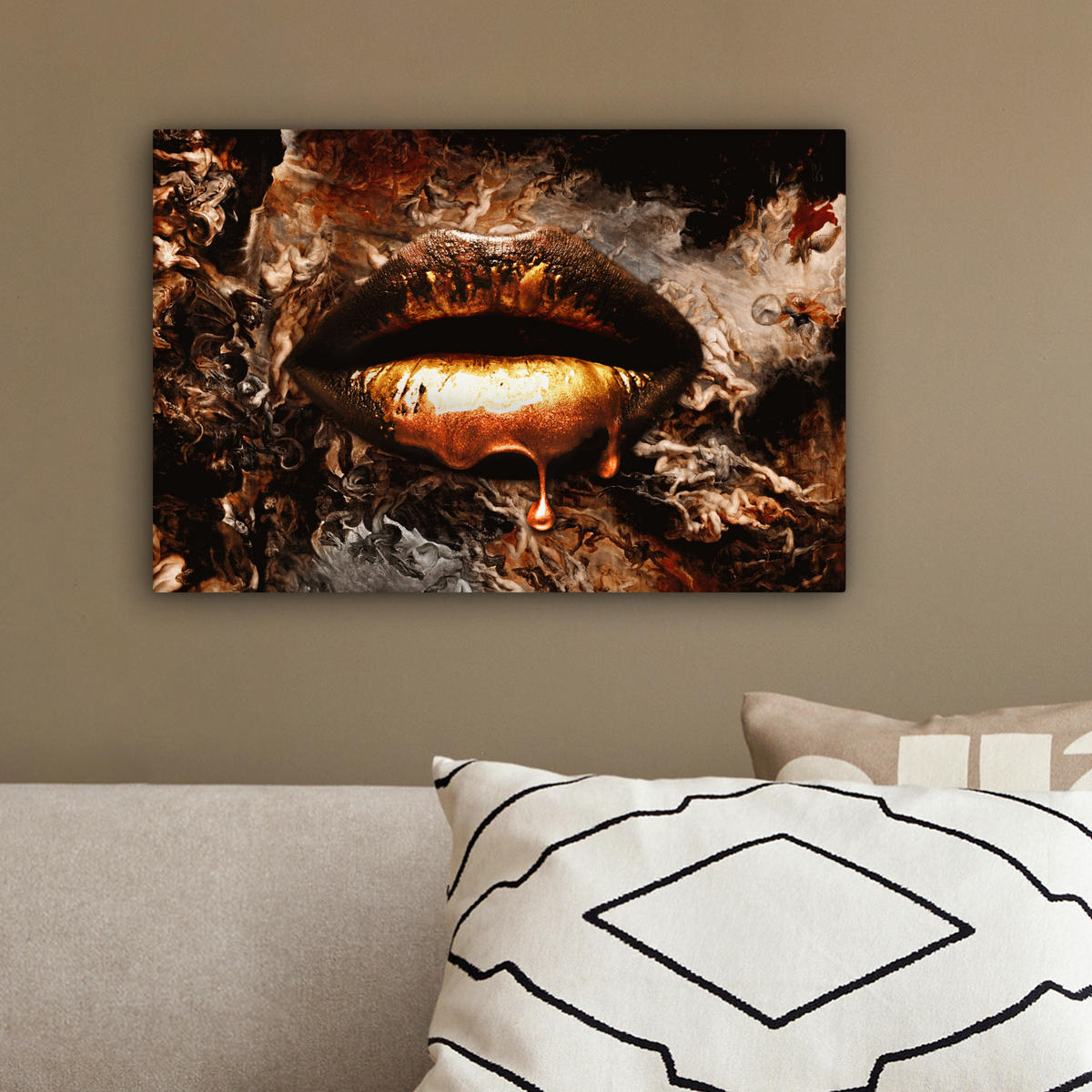 LEINWANDBILD Gold - Lippen - Kunst - Gold - Luxus - Abstrakt 30x20 cm - Kupferfarben, Textil (30/20cm) - MuchoWow