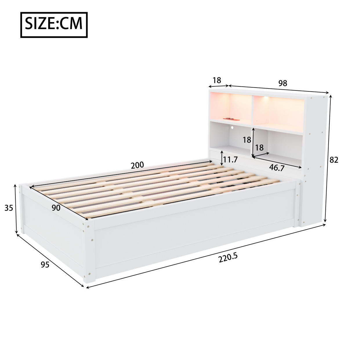 STAURAUMBETT 90/200 cm DE-01385, in Weiß, mit LED, Steckdose und Hydraulik - Weiß, Holz (90/200cm) - ComfortXL