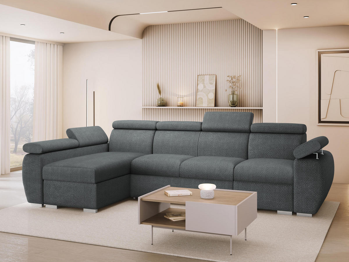 ECKSOFA Boston LCP, Seite: Links LCP+2R+1P(65) - Silberfarben/Blaugrau, Holz/Textil (320/170cm) - MIRJAN24