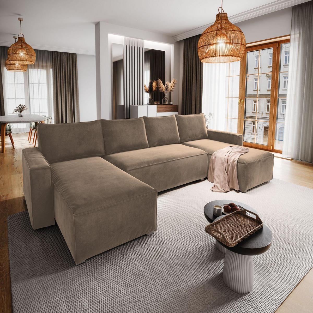 WOHNLANDSCHAFT DENI Beige Velours-Stoff mit Schlaffunktion - Beige, Holz (295/85/140cm) - MASSENO