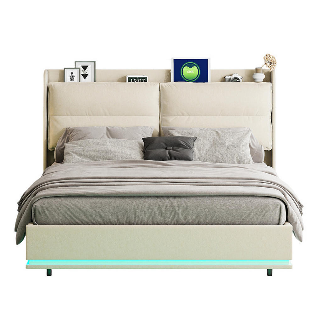 SHOPENTRA ČALOUNĚNÁ postel 140/200 cm béžová se sametem, LED a USB
