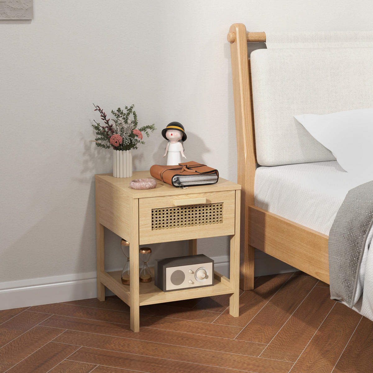 NACHTTISCH 40/40/48,4 cm Natur aus Holz mit Rattan-Schublade - Hellbraun, Holz (40/48.4/40cm) - OKWISH