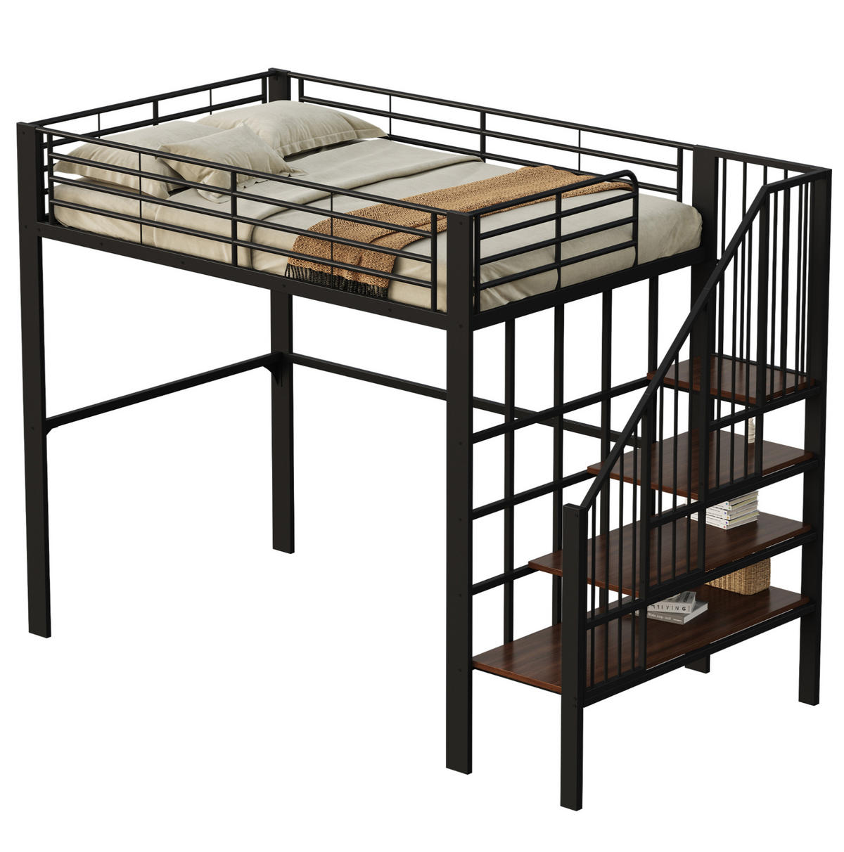 HOCHBETT aus Metall und Holz 140x200 cm Schwarz mit Treppe und Stauraum, stabile Konstruktion - Schwarz, Metall (90/200cm) - Modfu