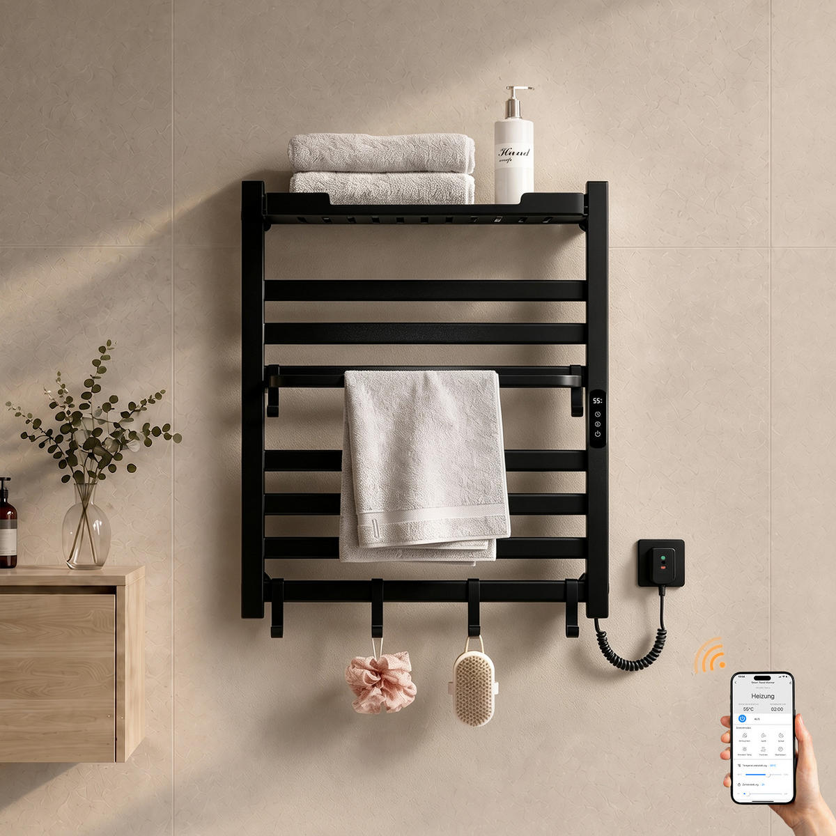 HANDTUCHHEIZKÖRPER 70/60 cm Schwarz elektrisch 233 W mit WLAN, Ablage und 6 Haken - Schwarz, Metall (60/70/20cm) - S'AFIELINA