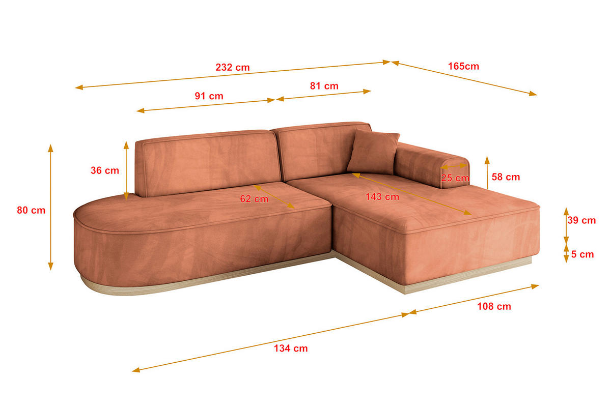 ECKSOFA Ottomane Rechts IREA-L1 - 232x165x80 cm Apricot - Koralle, Holzwerkstoff/Textil (232/165cm) - ALTDECOR