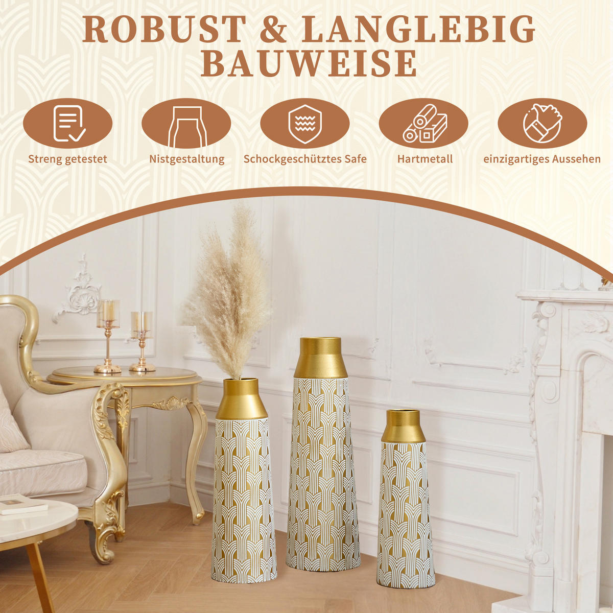 BODENVASE 3-tlg Bodenvase gold 42/51/60,5cm Metallvase geometrisch für Pampasgras - Goldfarben, Metall (66.49cm) - Raelunyi