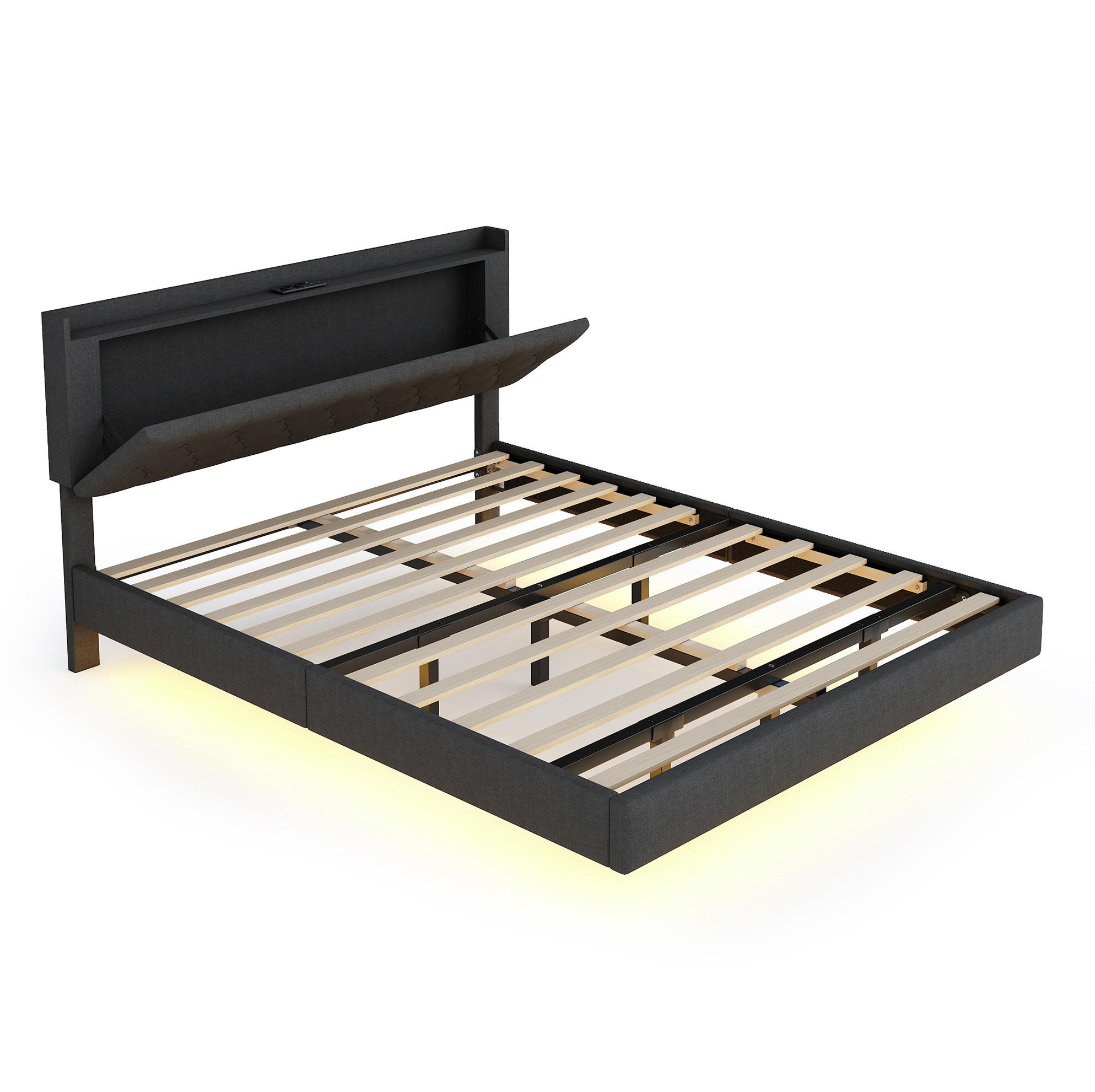 POLSTERBETT 160/200 cm mit LED-Beleuchtung, USB-Ladeanschluss und gepolstertem Kopfteil - Grau, Textil (160/200cm) - BEAOK