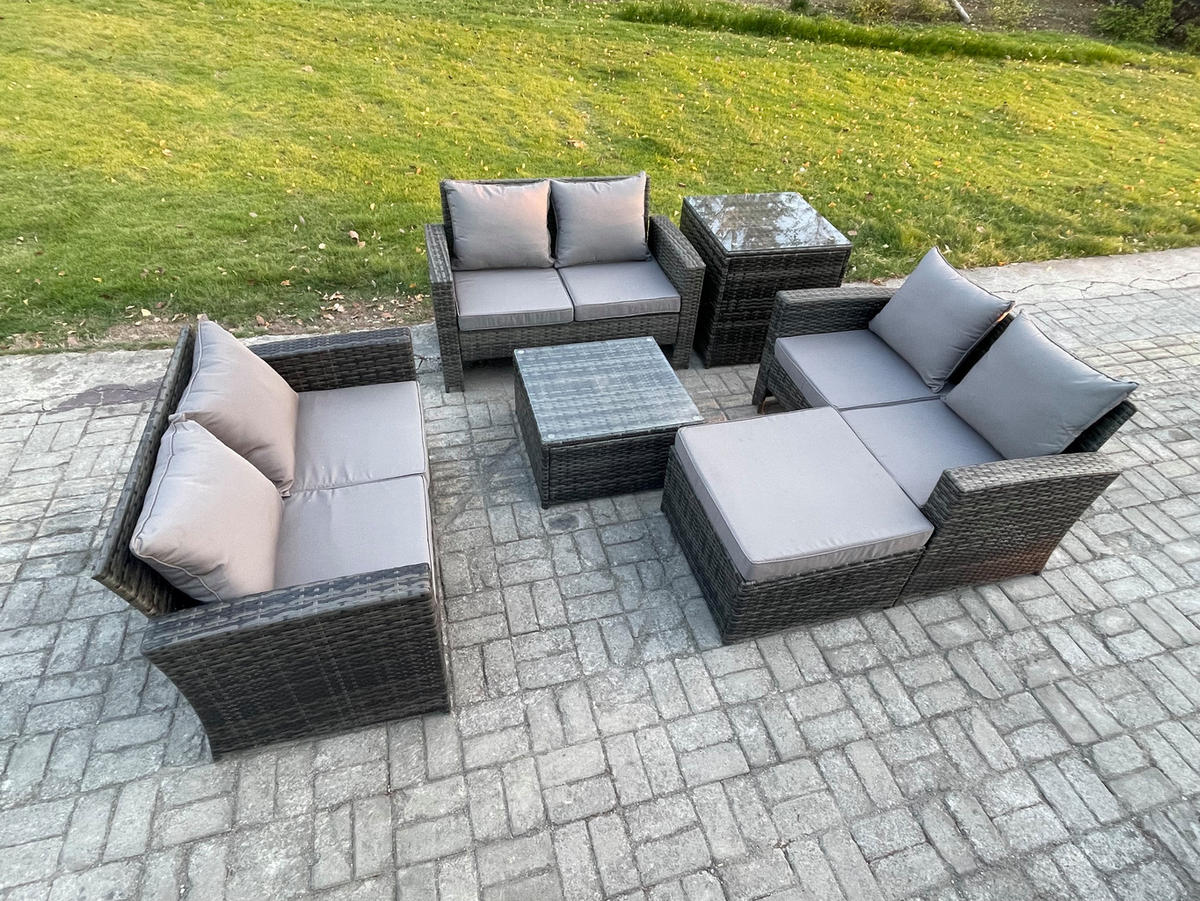 GARTENMÖBEL-SET mit Kissen Polyrattan Dunkelgrau 7-Sitzer - Dunkelgrau, Metall - Fimous