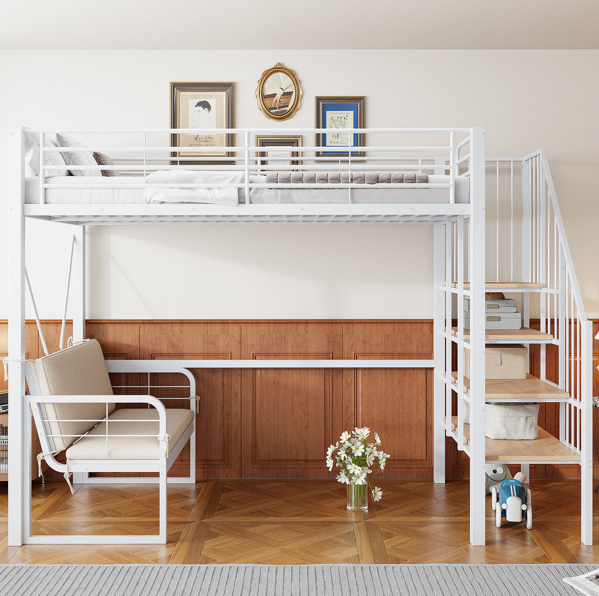 ETAGENBETT 90/200 cm, Weiß mit Stauraumleiter und Polstersofa - Weiß, Metall (90/200cm) - MIVRAY