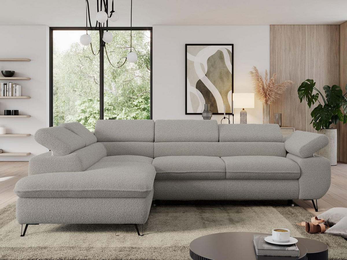 ECKSOFA PEDRO L Hellgrau Boucle - Links Seite - Hellgrau/Schwarz, Textil/Metall (208/273cm) - MKS