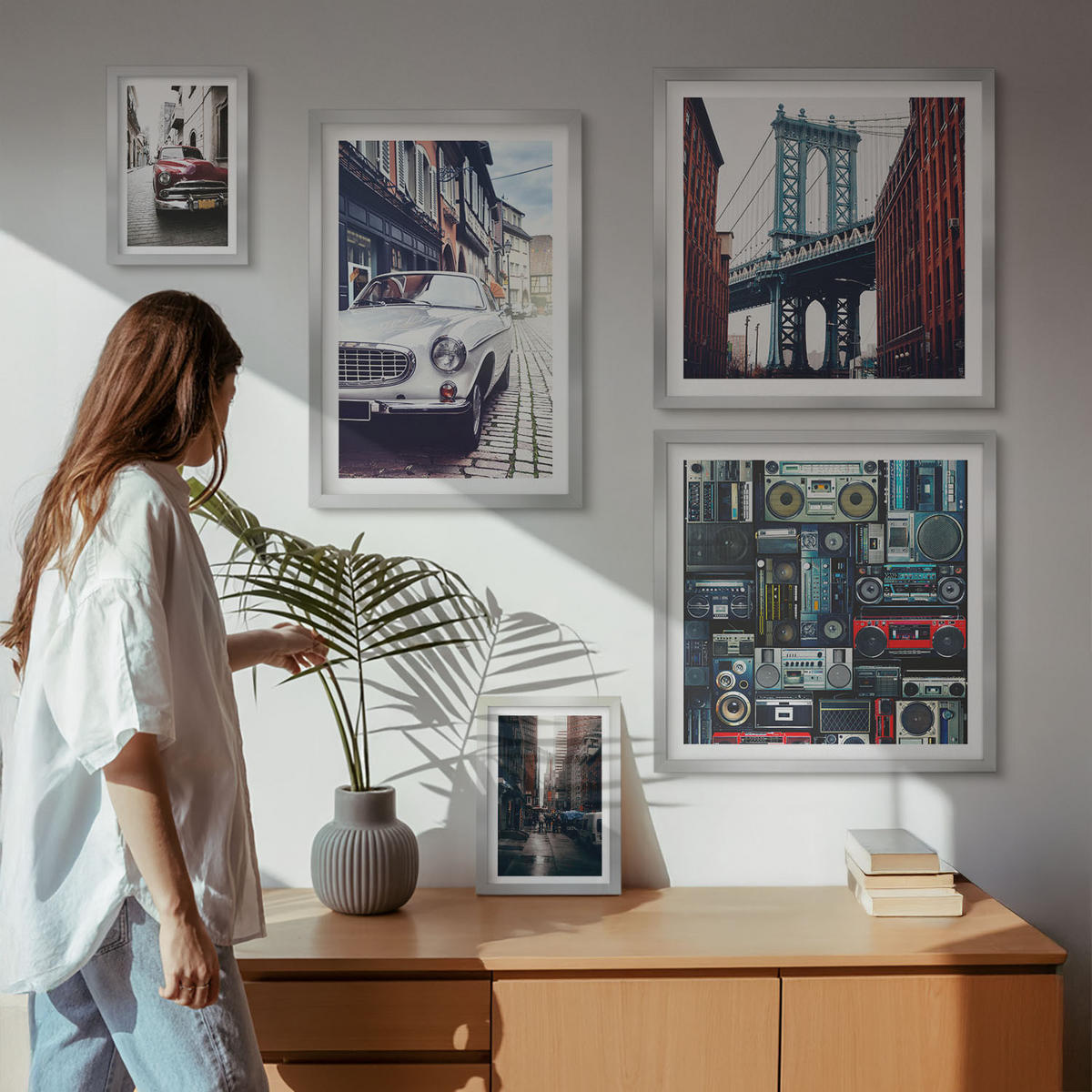 WANDBILDER 5er Set - 50x50 cm & 20x30 cm & 40x60 cm Silberner Rahmen - Old Cars Brooklyn Retro-Audio - Silberfarben, Kunststoff (40/60cm) - ArtPrintCave