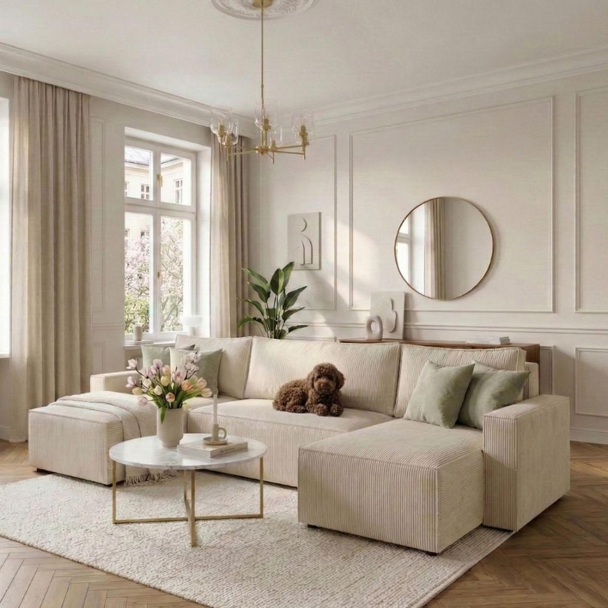 ECKSOFA LIVIO U mit Schlaffunktion und Bettkasten – Moderne Wohnlandschaft in U-Form (POSO 100) - Cappuccino, Holz (300/90/142cm) - Dekori_Interiors