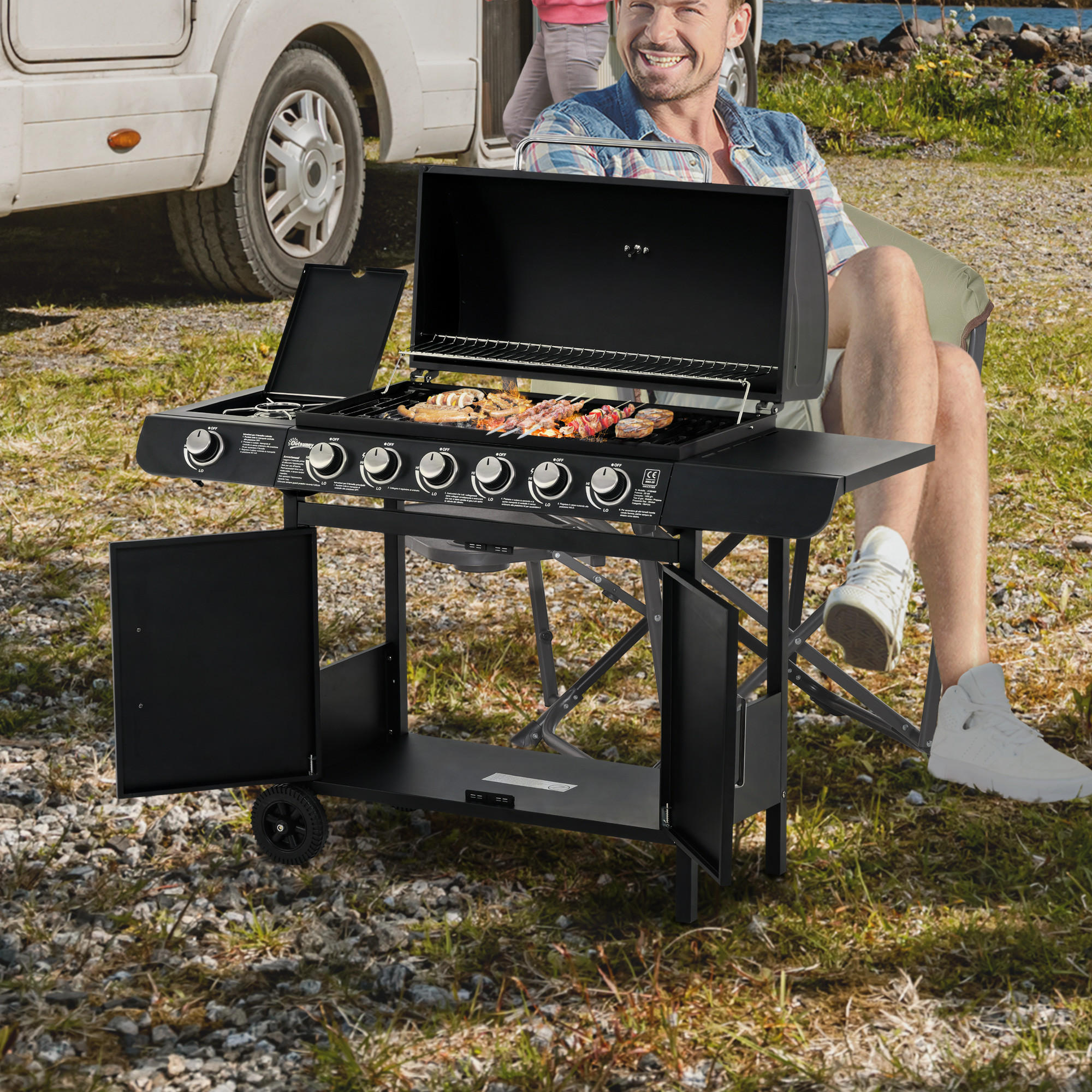 GASGRILL mit 6 Brennern 1 Seitenbrenner Schrank Multifunktion Metall Schwarz 135 x 50 x 100 cm - Schwarz, Metall (50/100/135cm) - Outsunny