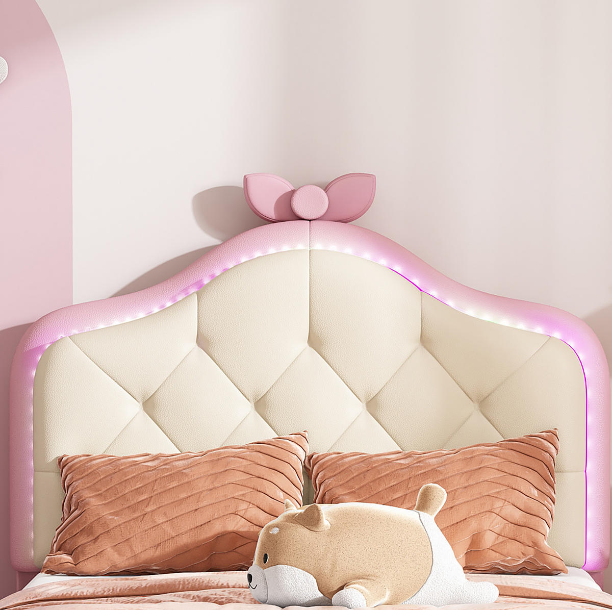 POLSTERBETT 90/200 cm Rosa mit LED-Beleuchtung und wolkenförmigem Kopfteil aus PU - Weiß, Kunststoff (90/200cm) - OKWISH