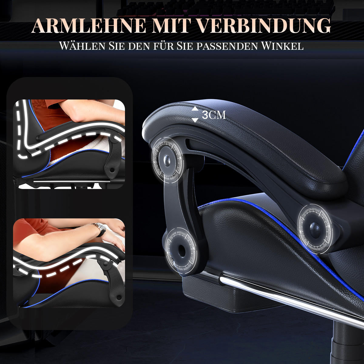 GAMINGSTUHL Schwarz-Blau,mit Massage,Fußstütze, Ergonomisch, Verstellbar - Blau, Metall (26/59/77cm) - Rattrix