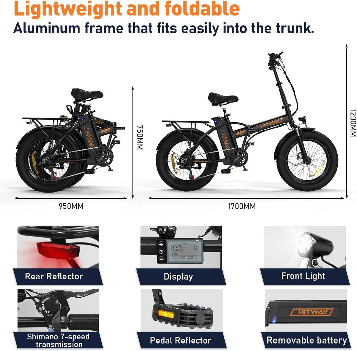 E-BIKE BK11M Klapprad 20 × 4,0 Zoll mit 48V15Ah Akku Max 45-100km - Orange, Metall (30cm) - HITWAY
