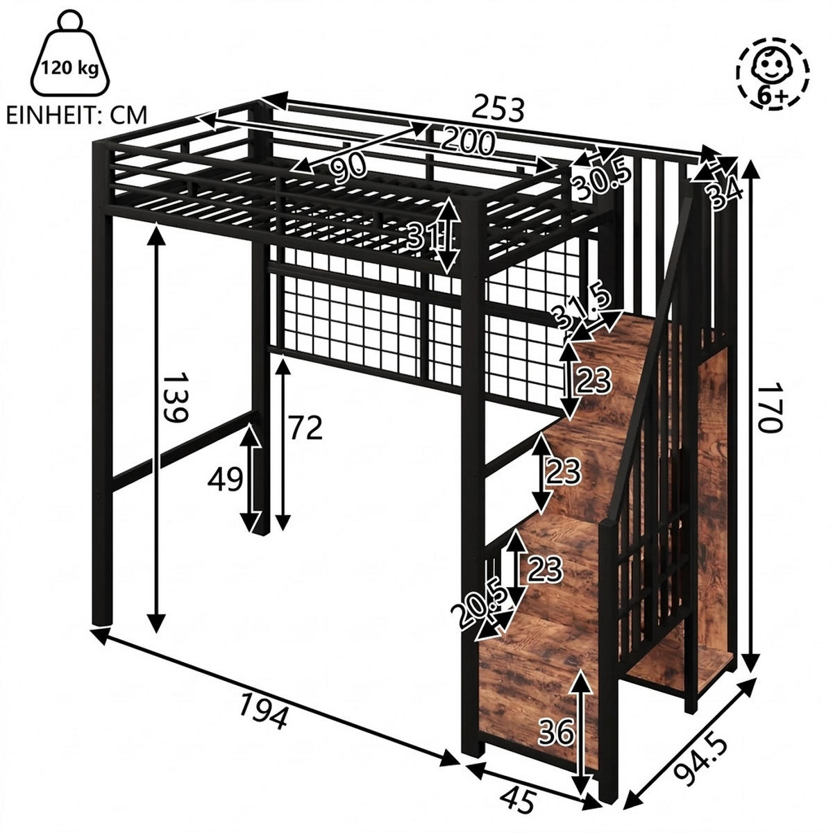 HOCHBETT 90/200 cm Schwarz mit Kleiderschrank, Stauraumleiter und 7-farbige LED-Leuchten - Schwarz, Metall (90/200cm) - Oxeza