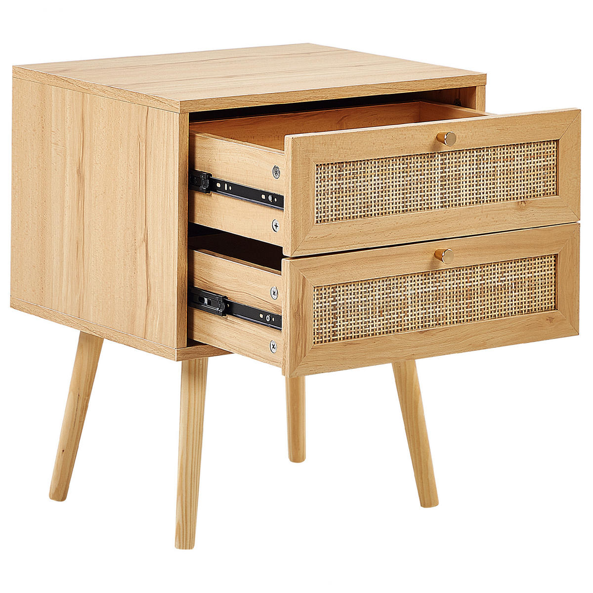 NACHTTISCH Rattan hellbraun 2 Schubladen Perote - Hellbraun/Goldfarben, Naturmaterialien (57/57/48cm) - Beliani